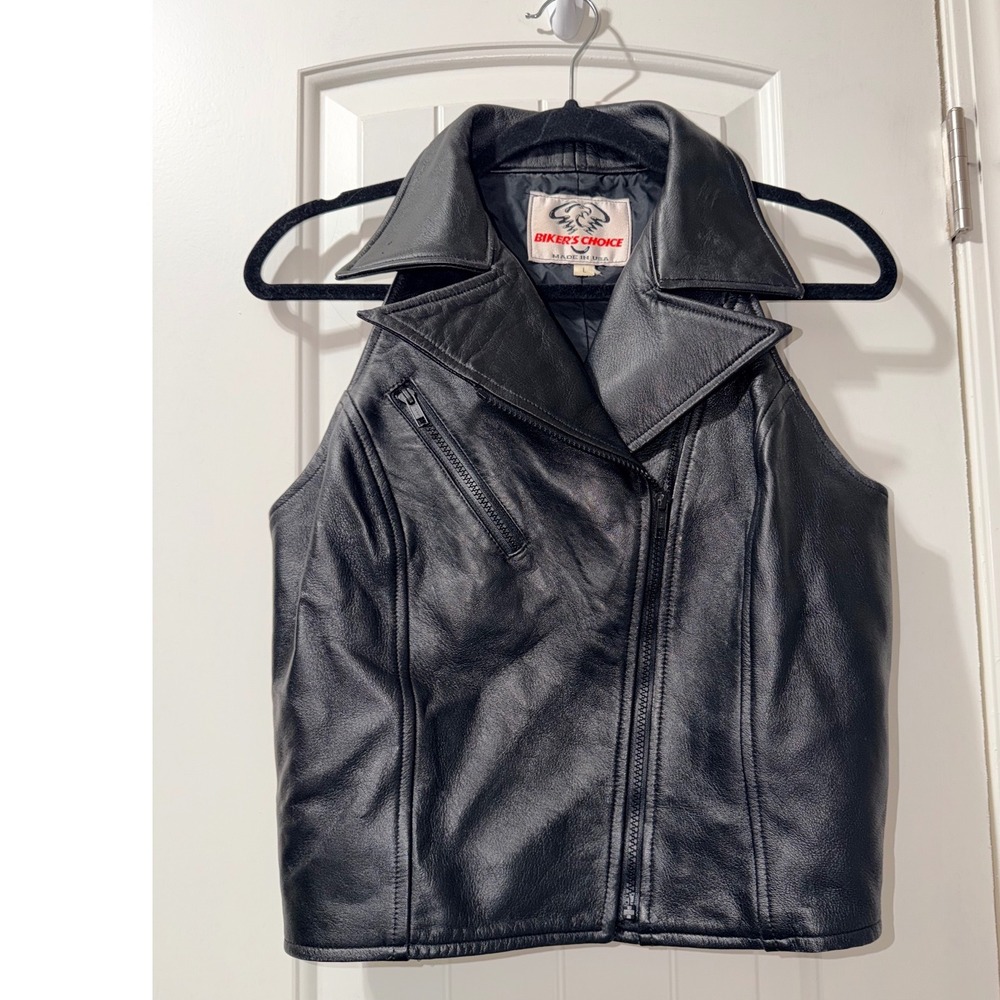 Bikers Choice Womens Black Leather Motorcycle Vest Made in USA L Cropped Zip